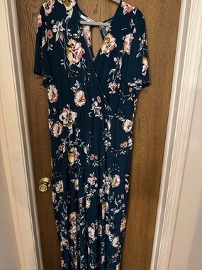 Maurices Teal Floral Wrap Jumpsuit with Pink, Yellow, and White Blooms